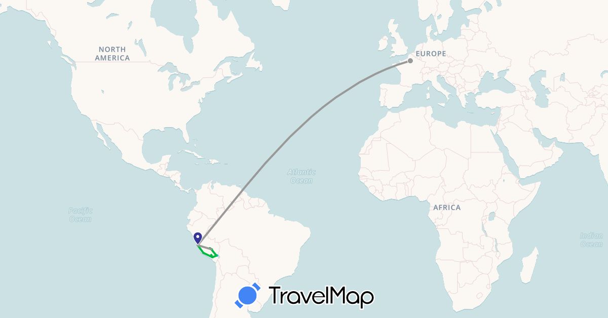 TravelMap itinerary: driving, bus, plane, hiking, boat in France, Peru (Europe, South America)